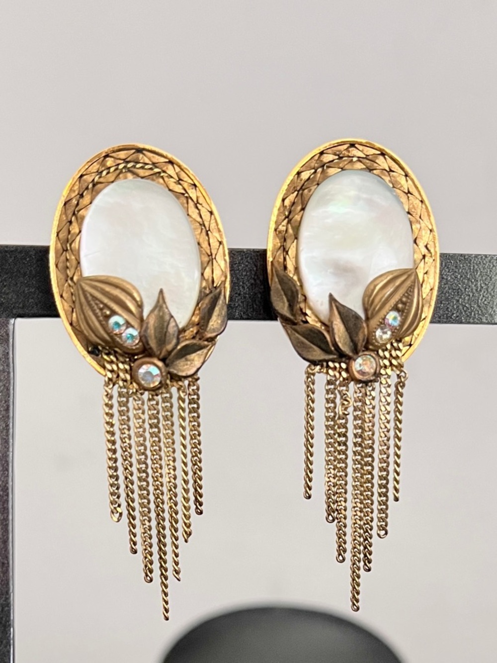 Marena Mother of Pearl Goldtone Crystal Tasseled Brooch Clip On Earrings